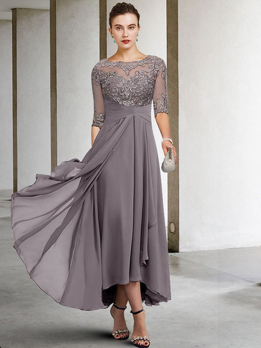 A-Line Mother of the Bride Dress Plus Size Elegant High Low V Neck Asymmetrical Ankle Length Chiffon Lace Half Sleeve with Beading Appliques 2023 - LuckyFash™