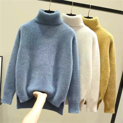 Women's Pullover Sweater Jumper Turtleneck Ribbed Knit Polyester Split Fall Winter Regular Outdoor Daily Going out Stylish Casual Soft Long Sleeve Solid Color White Yellow Pink One-Size