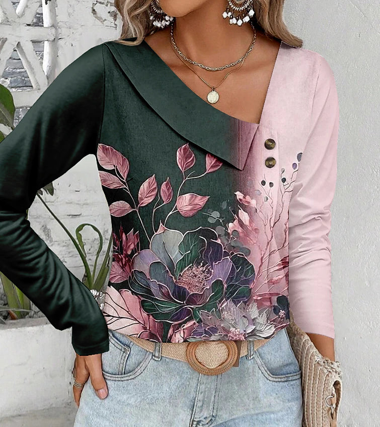 Women's Shirt Blouse Floral Casual Holiday Button Print Pink Long Sleeve Fashion V Neck Spring &  Fall