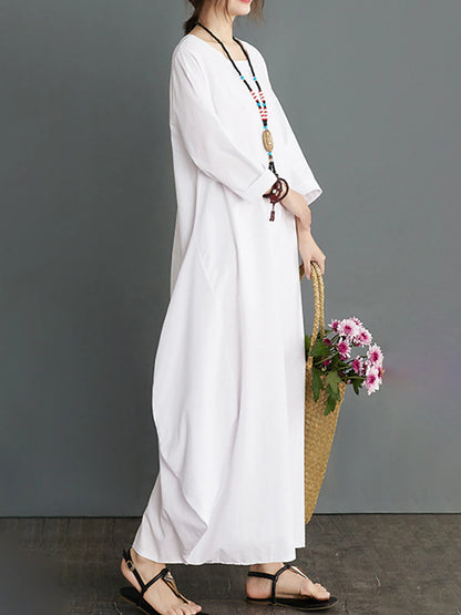 Women's White Dress Casual Dress Winter Dress Long Dress Maxi Dress Cotton Pocket Vacation Streetwear Crew Neck Long Sleeve Black White Red Color