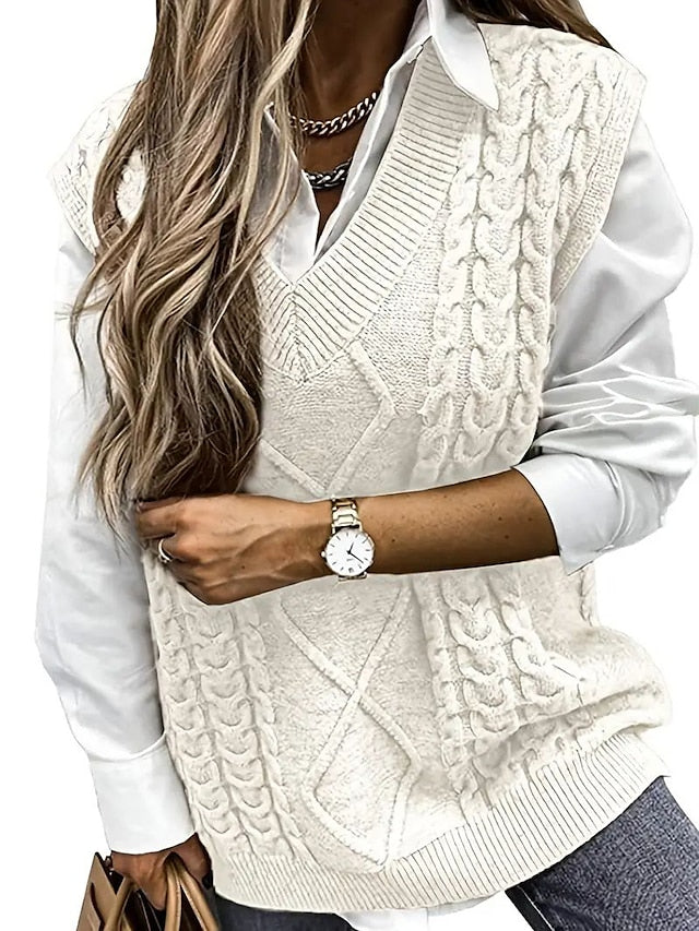 Women's Sweater Vest V Neck Ribbed Cable Knit Acrylic Patchwork Fall Winter Regular Outdoor Daily Going out Stylish Casual Soft Sleeveless Solid Color Black Wine Navy Blue S M L