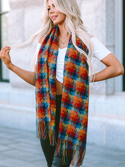 Orange Plaid Print Tasselled Oversized Scarf