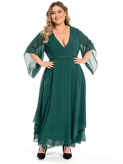 Women‘s Plus Size Curve Casual Dress Swing Dress Plain Long Dress Maxi Dress 3/4 Length Sleeve Layered V Neck Basic Outdoor Dark Green Summer Spring Wedding Guest Dress