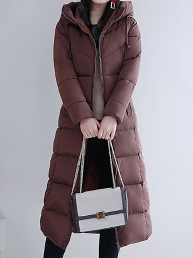 Women's Puffer Jacket Hoodie Jacket Street Daily Valentine's Day Winter Fall Long Coat Regular Fit Warm Breathable Casual Jacket Long Sleeve Solid Color Full Zip Black Dusty Rose Khaki / Going out - LuckyFash™