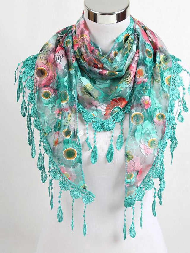 Women's Shawls & Wraps Party Blue Scarf Floral &  Long Triangle Tassel Scarf / Basic / Fall / Winter / Spring - LuckyFash™