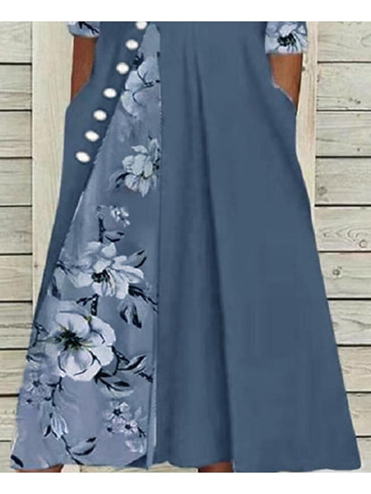 Women's Swing Dress Midi Dress Green Blue Gray Half Sleeve Floral Split Print Summer Spring V Neck Stylish Casual 2023 S M L XL XXL 3XL - LuckyFash™