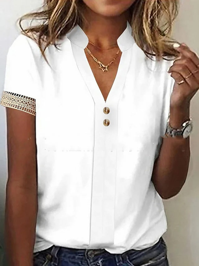 Women's Shirt Lace Shirt Blouse White Lace Shirt Plain Casual Button White Short Sleeve Elegant Fashion Basic Standing Collar