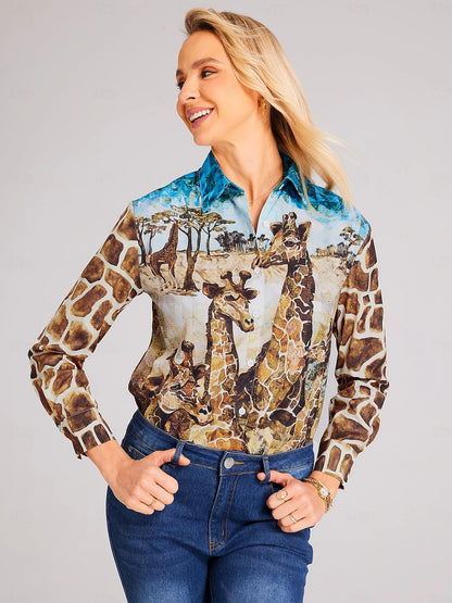 Women's Shirt Blouse Brown Animal Giraffe Button Print Long Sleeve Daily Weekend Basic Shirt Collar Regular S