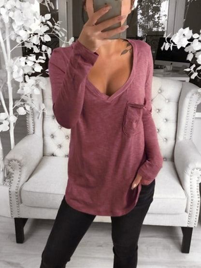 Women's T shirt Tee Tunic Black White Pink Solid Colored Pocket Long Sleeve Casual Daily Basic V Neck Regular Loose Fit S