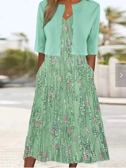 Women's Two Piece Dress Set Casual Dress Print Dress Outdoor Daily Fashion Streetwear Print Midi Dress V Neck Half Sleeve Floral Regular Fit Green Summer Spring S M L XL XXL