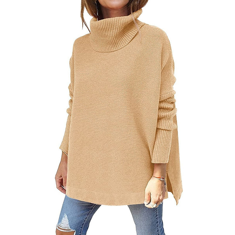 Women's Pullover Sweater Jumper Pullover Jumper Turtleneck Knit Acrylic Knitted Drop Shoulder Fall Winter Tunic Daily Stylish Long Sleeve Solid Color Black Wine Navy Blue S M L