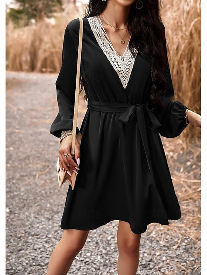 Women's White Dress Plain Dress Long Dress Maxi Dress Patchwork With Belt Valentine's Day Date Vacation Elegant A Line V Neck Long Sleeve Black White Wine Color