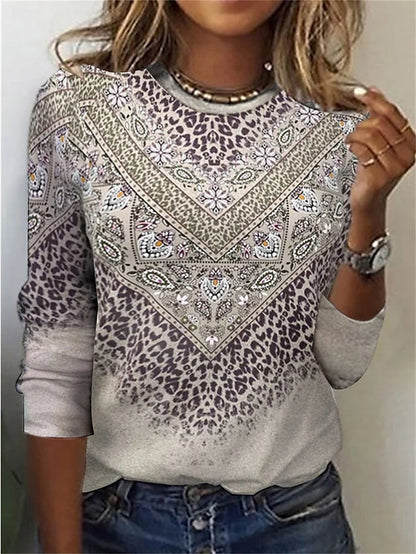 Women's T shirt Tee Leopard Paisley Daily Weekend Print Gray Long Sleeve Fashion Round Neck Spring &  Fall