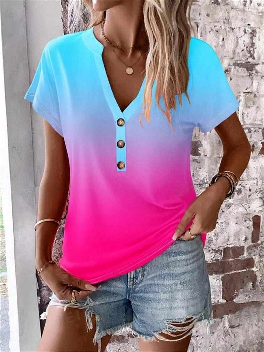 Women's T shirt Tee Ombre Color Gradient Daily Going out Print Yellow Short Sleeve Stylish V Neck Summer