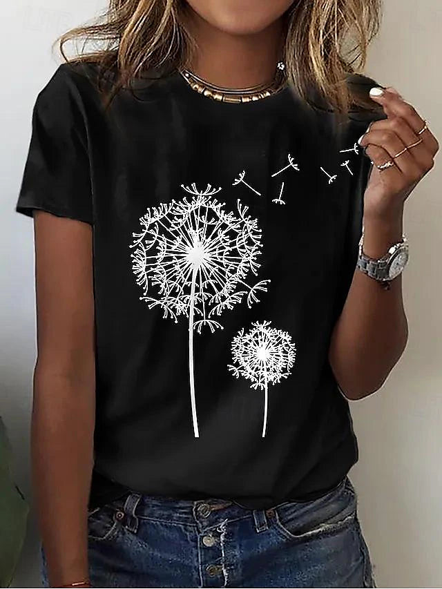 Women's T shirt Tee Dandelion Daily Weekend Print Black Short Sleeve Fashion Round Neck Summer