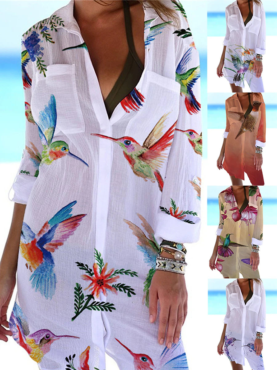 Women's Shirt Dress Cover Up Beach Wear Mini Dress Pocket Print Fashion Casual Floral Turndown 3/4 Length Sleeve Loose Fit Outdoor Daily White Yellow 2023 Summer Spring S M L XL