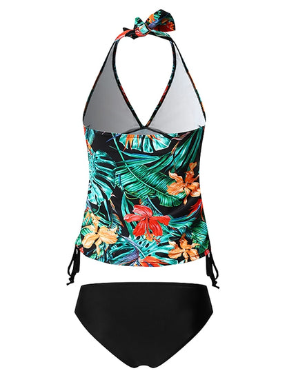 Women's Swimwear Tankini 2 Piece Normal Swimsuit High Waisted Floral Print Leaves Leaf Floral Green Blue Padded V Wire Bathing Suits Sports Vacation Sexy / New - LuckyFash™