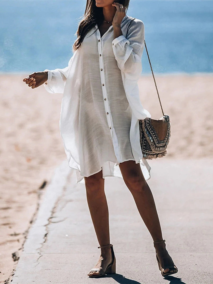 Women's White Dress Cover Up Beach Wear Midi Dress Button Basic Classic Plain Stand Collar Long Sleeve Loose Fit Outdoor Daily White 2023 Summer Spring One Size