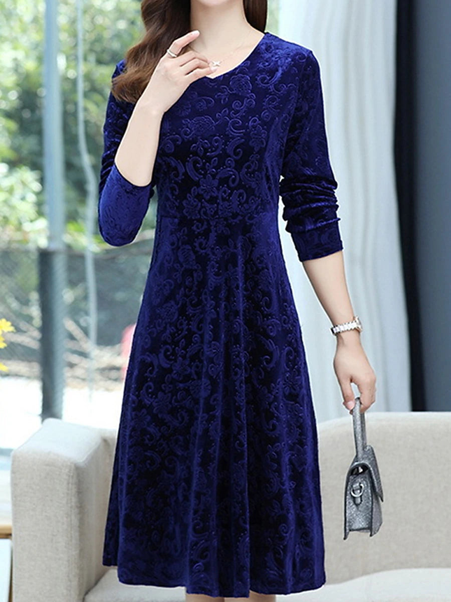 Women's Velvet Dress Casual Dress Swing Dress Midi Dress Pocket Daily Elegant Fashion V Neck Long Sleeve Black Wine Blue Color