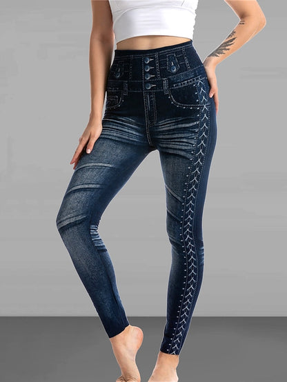 Women's Slim Cotton Print Black Deep Blue Fashion High Waist Full Length Street Causal Summer Fall