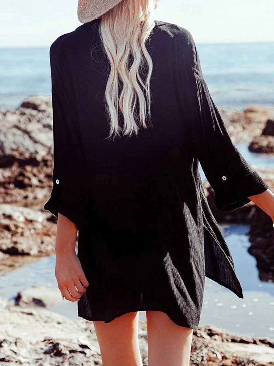 Women's White Dress Shirt Dress Cover Up Mini Dress Button Vacation Beach Hawaiian Shirt Collar Long Sleeve Black White Color