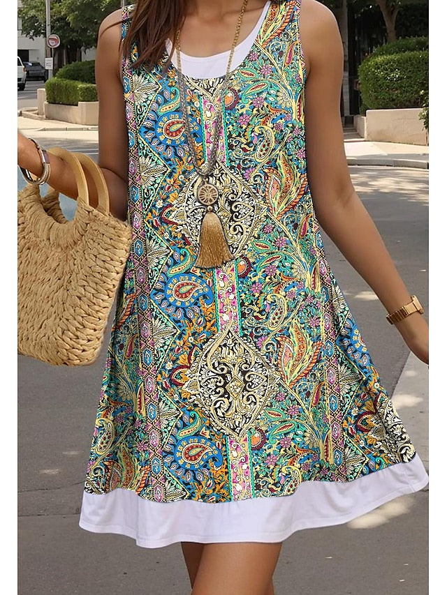 Women's Tank Dress Paisley Print Crew Neck Mini Dress Bohemia Vintage Vacation Sleeveless Summer