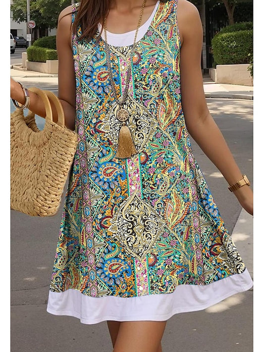 Women's Tank Dress Paisley Print Crew Neck Mini Dress Bohemia Vintage Vacation Sleeveless Summer