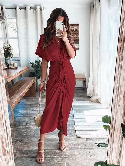 Women's Shirt Dress Casual Dress Work Dress Maxi long Dress Party Daily Holiday Satin Silk Fashion Elegant Shirt Collar Lace up Ruched Short Sleeve Summer Spring 2023 Regular Fit Black Pink Wine Pure - LuckyFash™