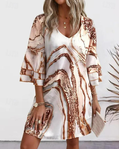 Women's Ruffle Print V Neck Ruffle Sleeve Mini Dress Tropical Date 3/4 Length Sleeve Summer Spring