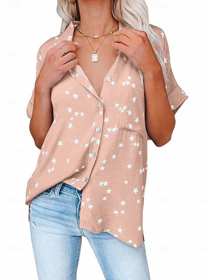 Women's Shirt Blouse Star Daily Vacation Button Print Pink Short Sleeve Casual Shirt Collar Spring & Summer