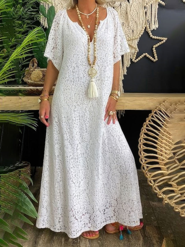 Women's White Dress Lace Dress Casual Dress Maxi long Dress Lace Patchwork Daily Date Fashion Basic Split Neck Half Sleeve Black White Color