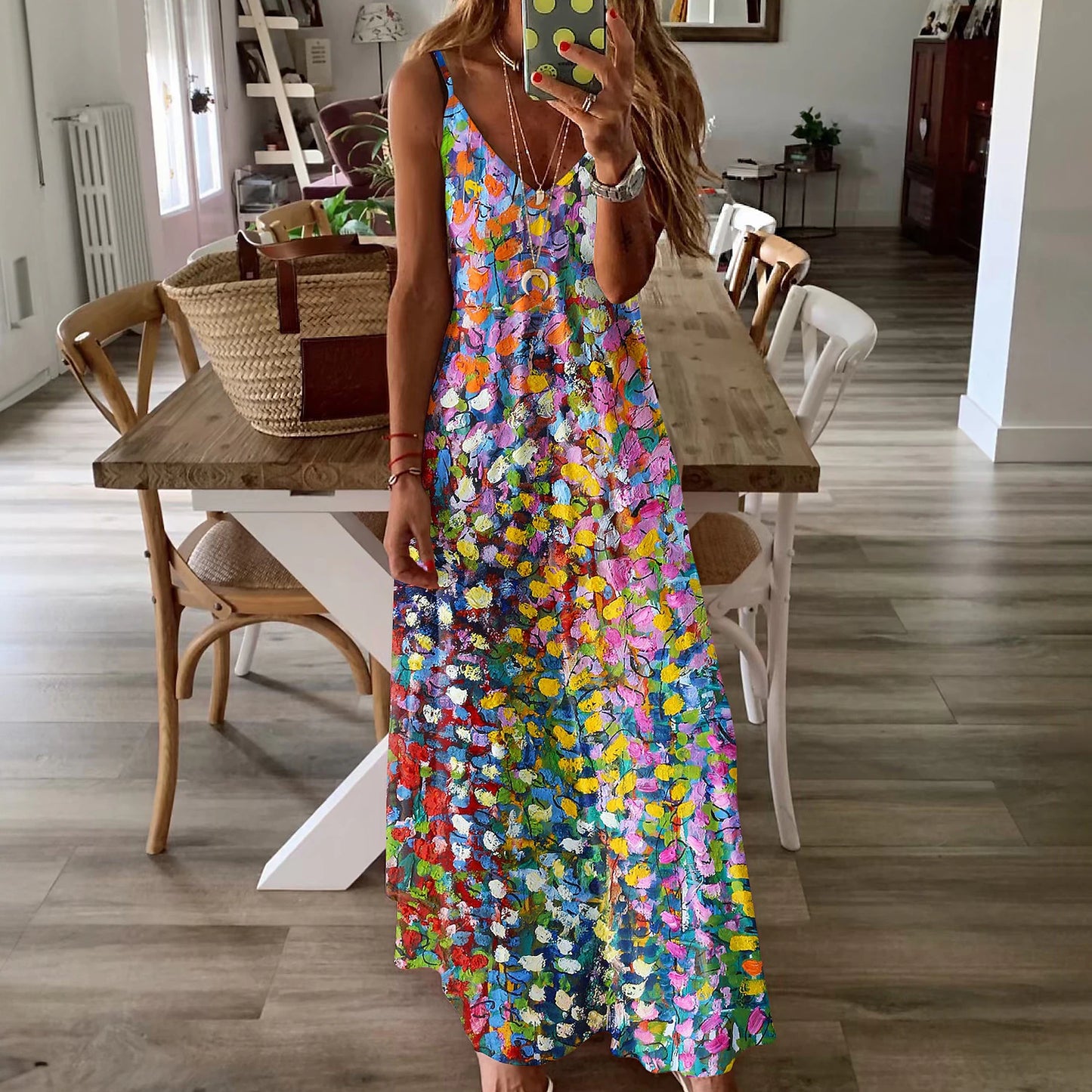 Women's Slip Dress Graphic Print V Neck Maxi long Dress Sleeveless Summer