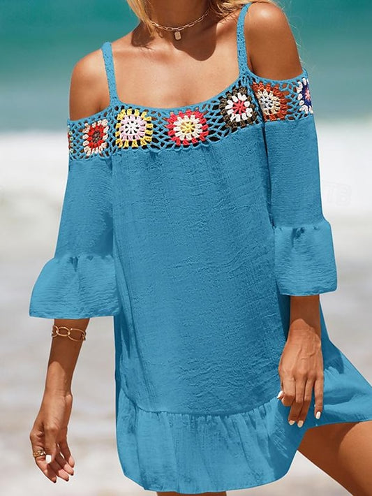 Women's Summer Dress Cover Up Ruffle Cut Out Beach Wear Holiday Long Sleeve Black White Yellow Color