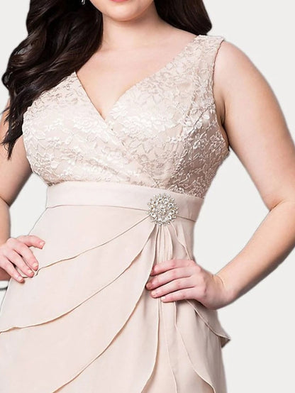 Two Piece Sheath / Column Mother of the Bride Dress Church Elegant V Neck Knee Length Chiffon Lace 3/4 Length Sleeve Wrap Included with Embroidery Cascading Ruffles 2023 - LuckyFash™