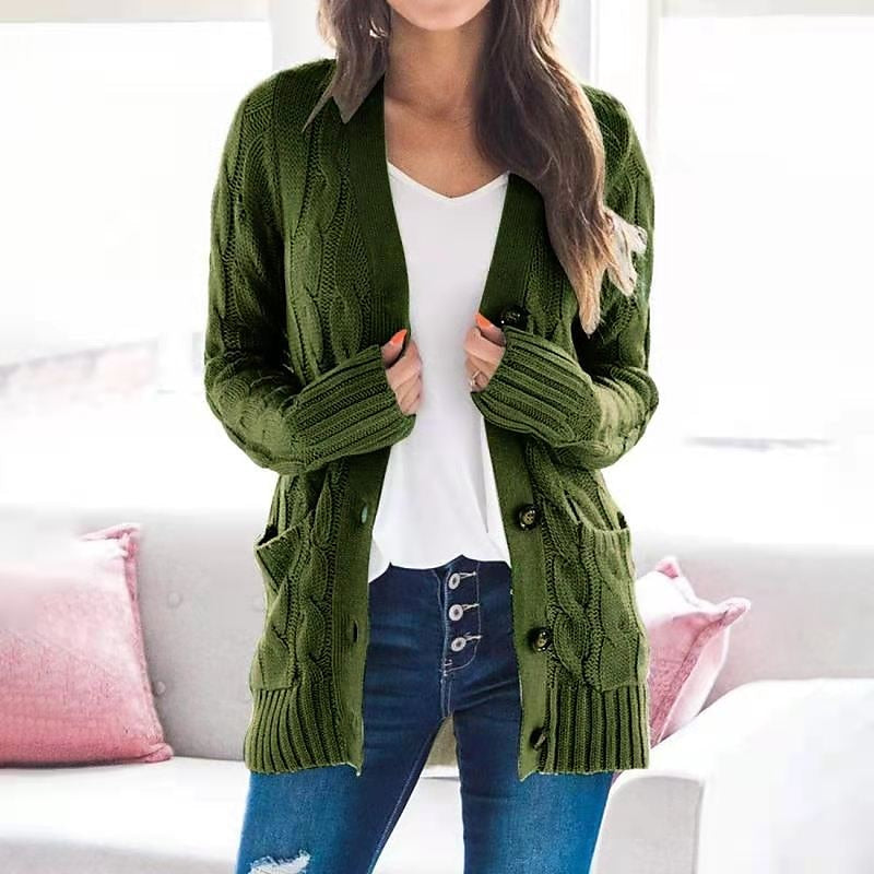 Women's Cardigan Sweater Open Front Cable Chunky Knit Button Pocket Fall Winter Tunic Daily Casual Soft Long Sleeve Solid Color Dark powder Black White S M L
