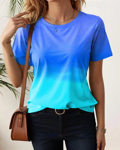 Women's T Shirt Tee Gradient Color Shirt Casual Holiday Crew Neck Short Sleeve Ombre Stylish Summer Top