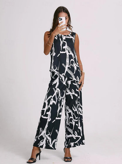 Women's Two Piece Sets Boho Tank Top Pants Sets Black White Print Elegant Sleeveless Round Neck Wide-Leg Spring Summer Sets