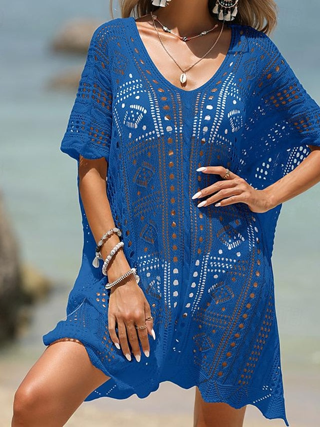 Women's Summer Dress Cover Up Cut Out Crochet Beach Wear Holiday Sleeveless Black White Blue Color