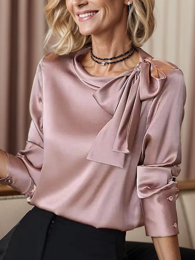 Women's Shirt Lace Shirt Blouse Satin Plain Valentine's Day Work Lace up Pink Long Sleeve Daily Business Mature Round Neck Spring &  Fall