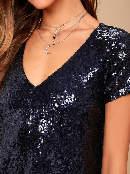 Women's Sequin Dress Holiday Dress Black Tie Dress Mini Dress Sequins Party Streetwear Sexy V Neck Short Sleeve Black Champagne Color