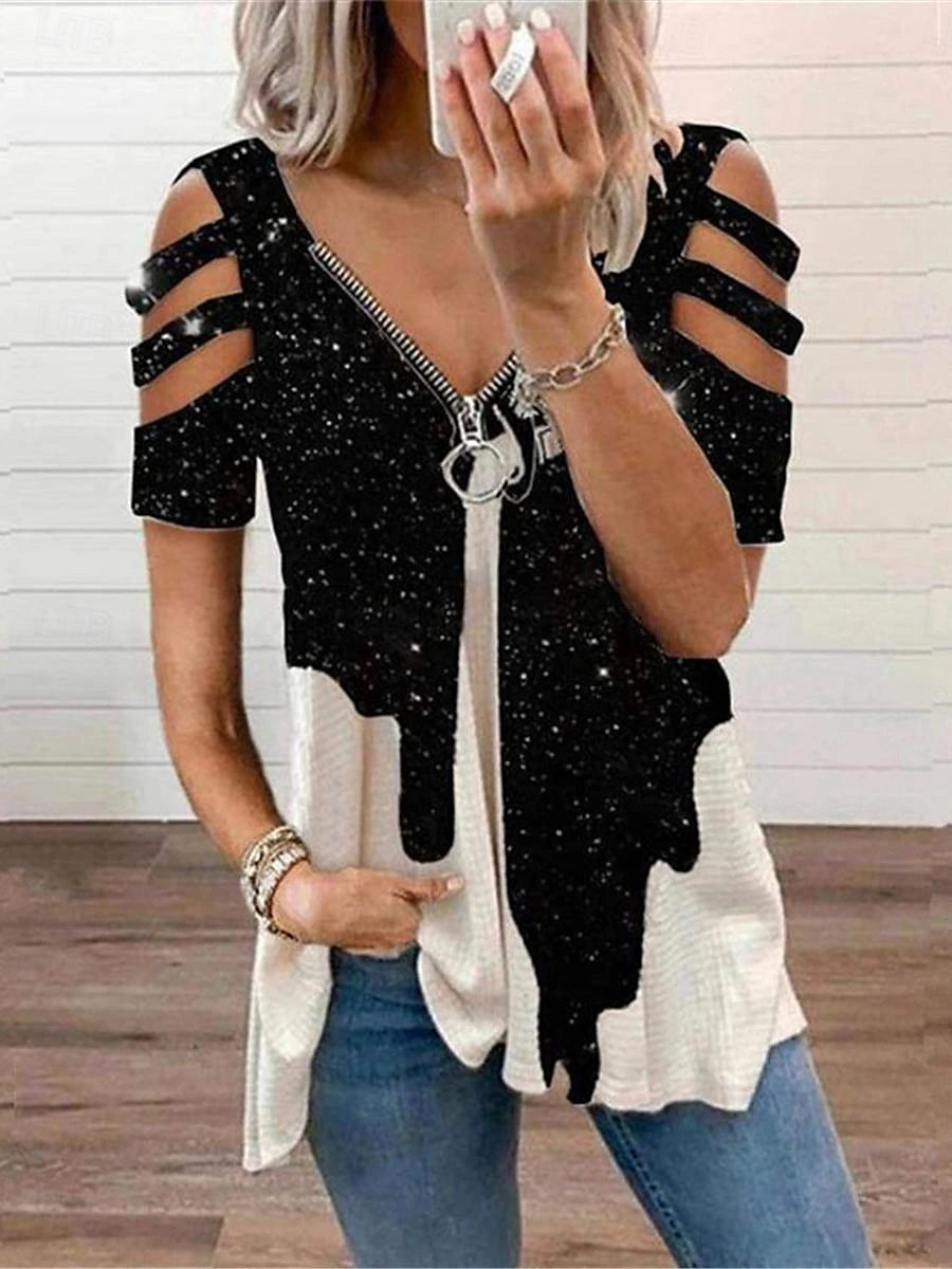 Women's Shirt Blouse Floral Geometric Color Block Casual Patchwork Zipper Print Black Short Sleeve Fashion Modern V Neck Summer