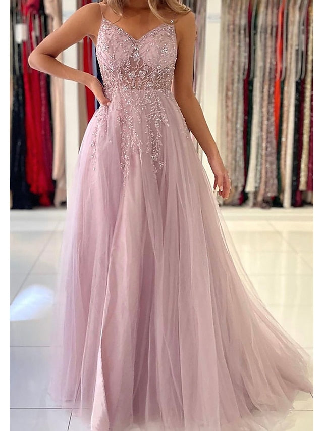 A-Line Prom Dresses Princess Dress Formal Court Train Sleeveless V Neck Tulle with Beading 2023 - LuckyFash™