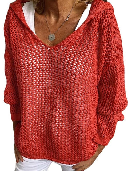 Women's Pullover Sweater Jumper Jumper Crochet Knit Hole Solid Color Hooded Stylish Casual Daily Going out Summer Spring Yellow Red S M L - LuckyFash™