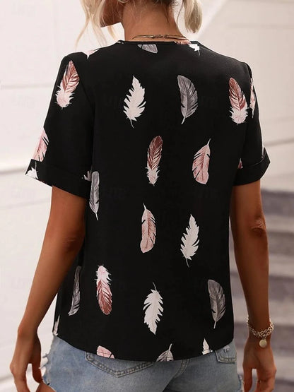 Women's T shirt Tee Feather Daily Vacation Going out Black Short Sleeve Stylish V Neck Summer