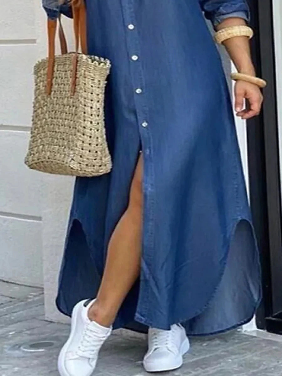 Women‘s Plus Size Curve Denim Dress Casual Dress Shift Dress Solid Color Long Dress Maxi Dress 3/4 Length Sleeve Button V Neck Fashion Daily Blue Summer Spring L XL XXL 3XL 4XL