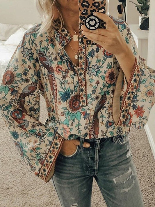 Women's Shirt Blouse Yellow Pink Dusty Rose Graphic Floral Button Print Long Sleeve Daily Holiday Vintage Boho Streetwear Round Neck Regular Boho S