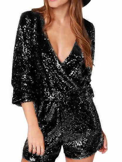 Women's Romper Sequin Solid Color V Neck Streetwear Party Prom Regular Fit Long Sleeve Silver Gold Red S M L Spring - LuckyFash™