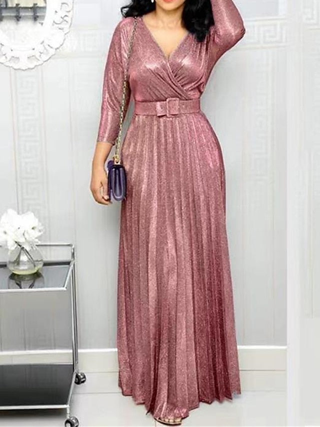 Women's Swing Dress Semi Formal Dress Plain Dress Long Dress Maxi Dress Pleated With Belt Party Elegant Fashion V Neck 3/4 Length Sleeve Silver Black Pink Color