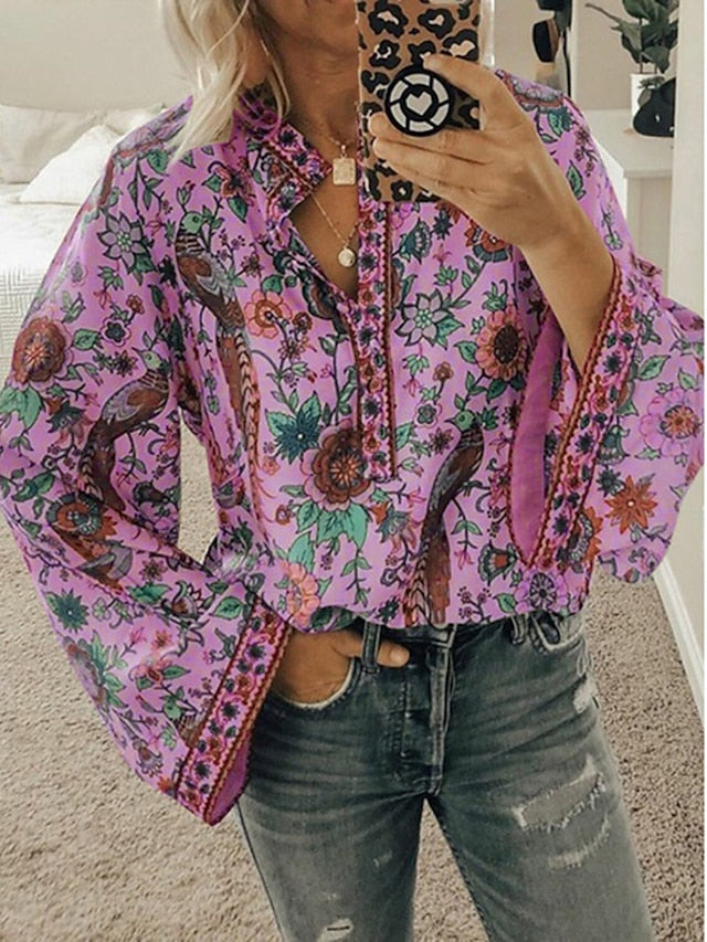 Women's Shirt Blouse Yellow Pink Dusty Rose Graphic Floral Button Print Long Sleeve Daily Holiday Vintage Boho Streetwear Round Neck Regular Boho S