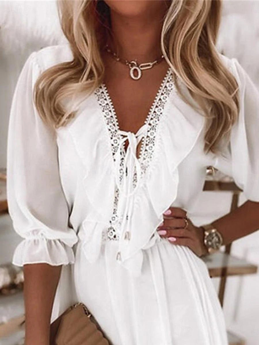 Women's White Dress Casual Dress Summer Dress Mini Dress Lace up Ruffle Date Vacation Streetwear V Neck Half Sleeve White Color